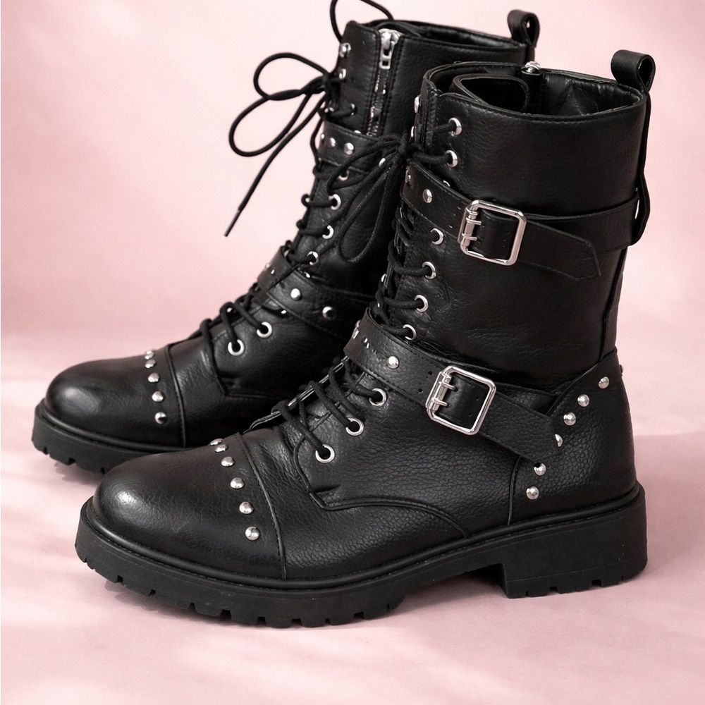 Liberty Black Studded Combat Boots – Women’s 9 – Buckle & Zip